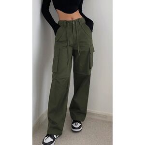Commense Solid Drawstring Cargo Parachute Straight Leg Pants Olive Green Medium